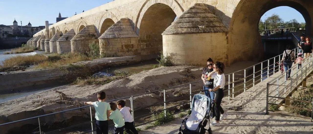 Madres y niños pasean ayer por la tarde por la zona peatonal que permanece embarrada tras bajar el caudal y junto a la acumulación de lodo que ha quedado en los ojos del Puente Romano.