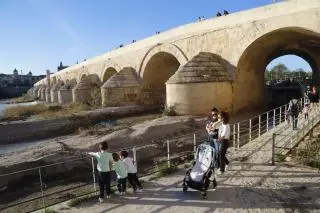 La bajada del caudal del Guadalquivir a su paso por Córdoba deja ver basura y restos en el entorno de La Calahorra