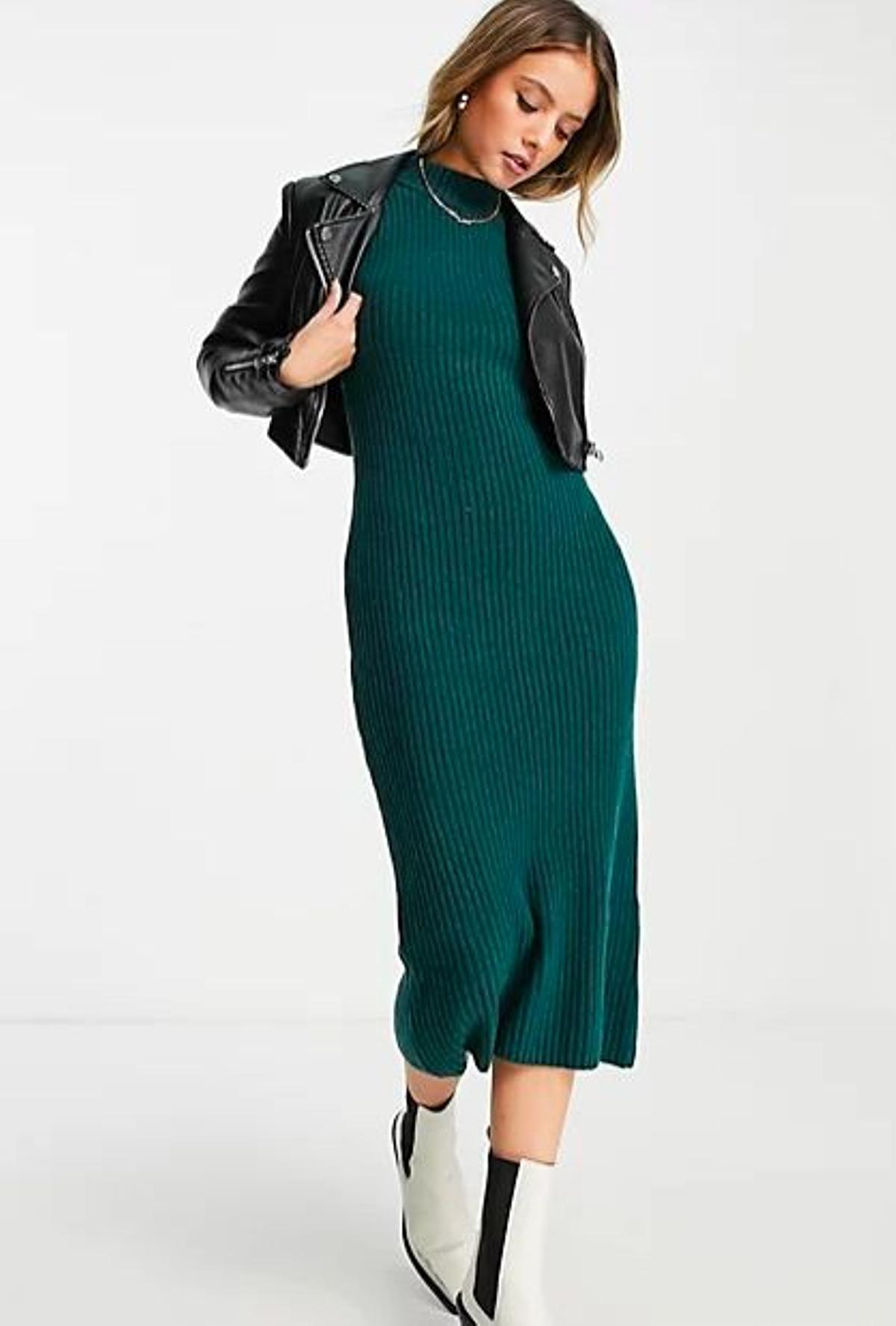 Vestido midi verde oscuro melange de punto reciclado de Monki