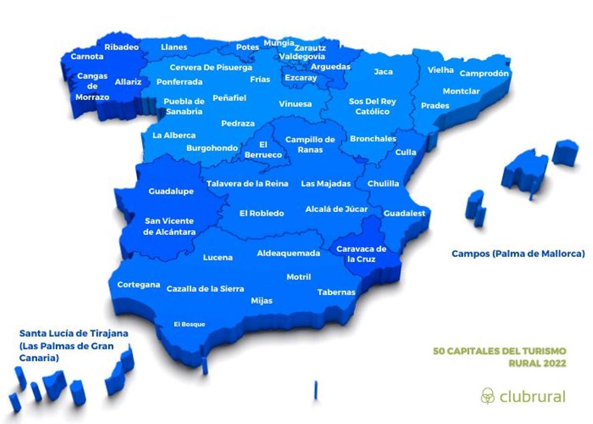 El mapa de las 50 capitales del turismo rural de España