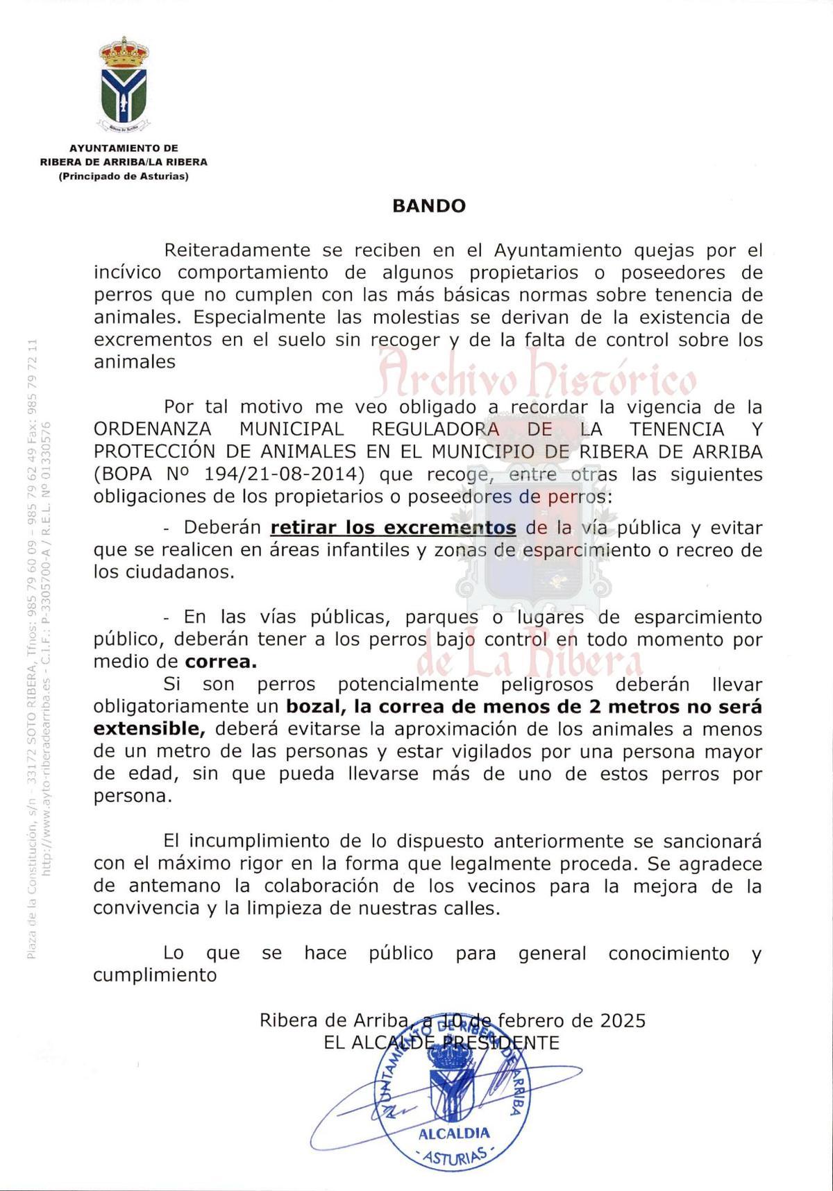 El bando firmado por el Alcalde.