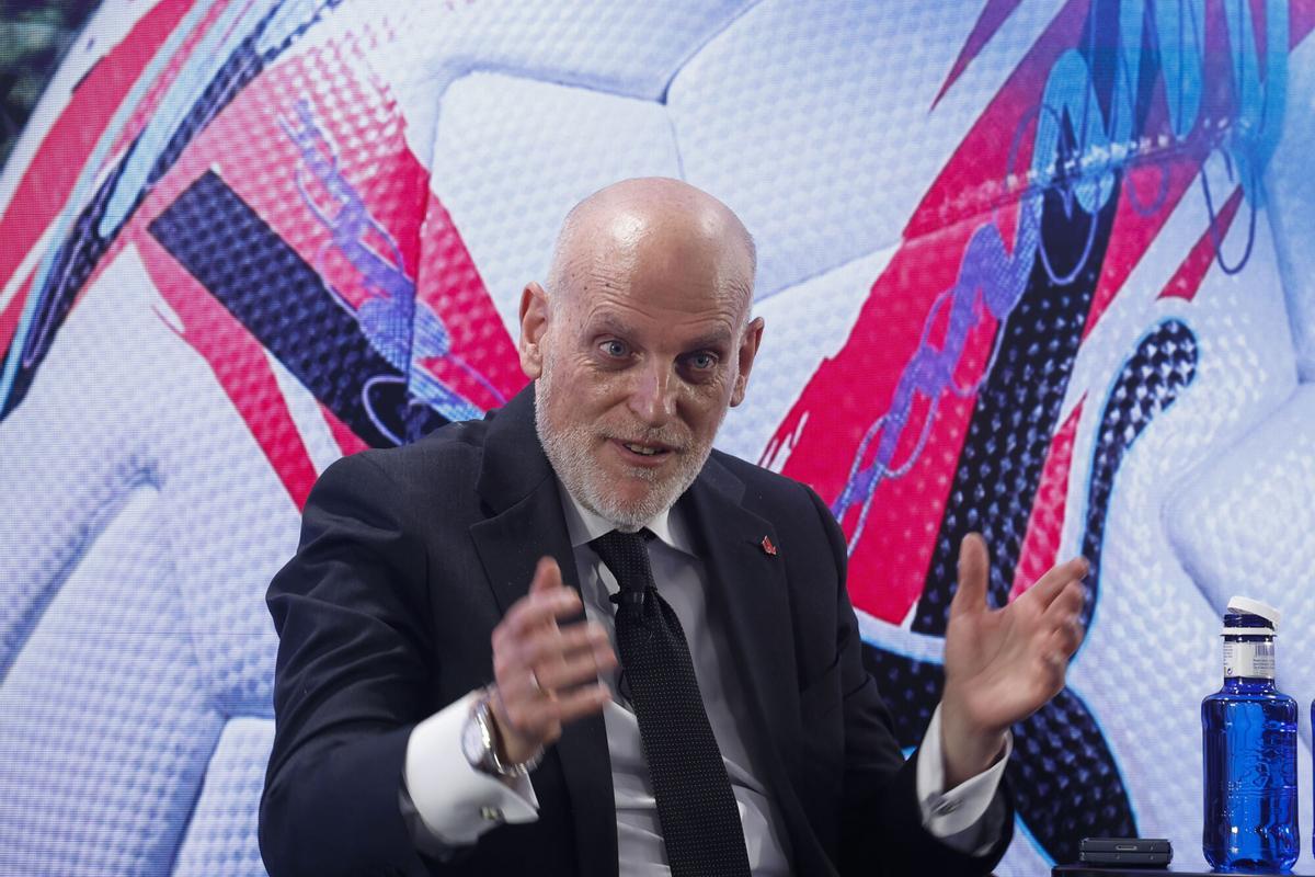 Javier Tebas, presidente de LaLiga, durante la presentación del Informe Económico-Financiero del Fútbol Profesional Español correspondiente a la temporada 2024/2025.