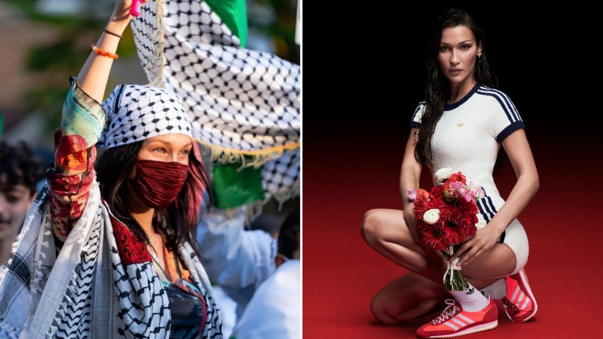 A la izquierda, Bella Hadid en una manifestación propalestina. A la derecha, la imagen publicitaria que ha suscitado la polémica.
