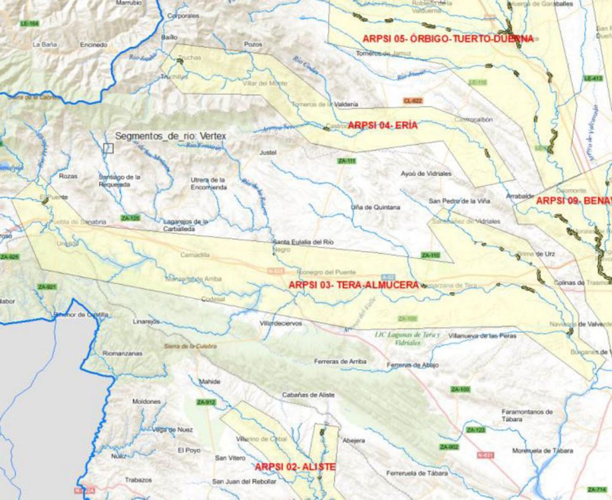 Mapa de peligrosidad de avenidas en el río Tera y el arroyo Almucera.