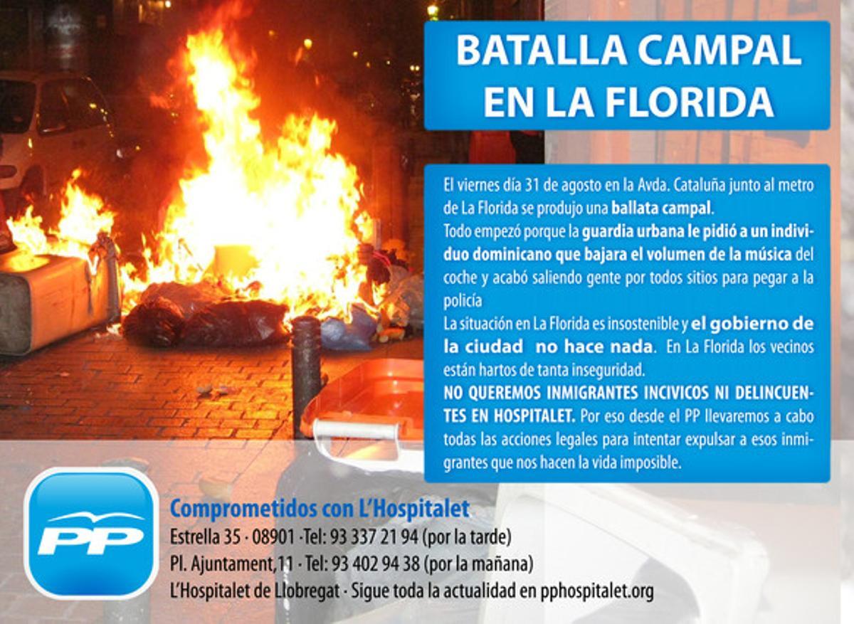 El pamflet que el Partit Popular de l’Hospitalet ha distribuït al barri de la Florida. El pamflet que el Partit Popular de l’Hospitalet ha distribuït al barri de la Florida.