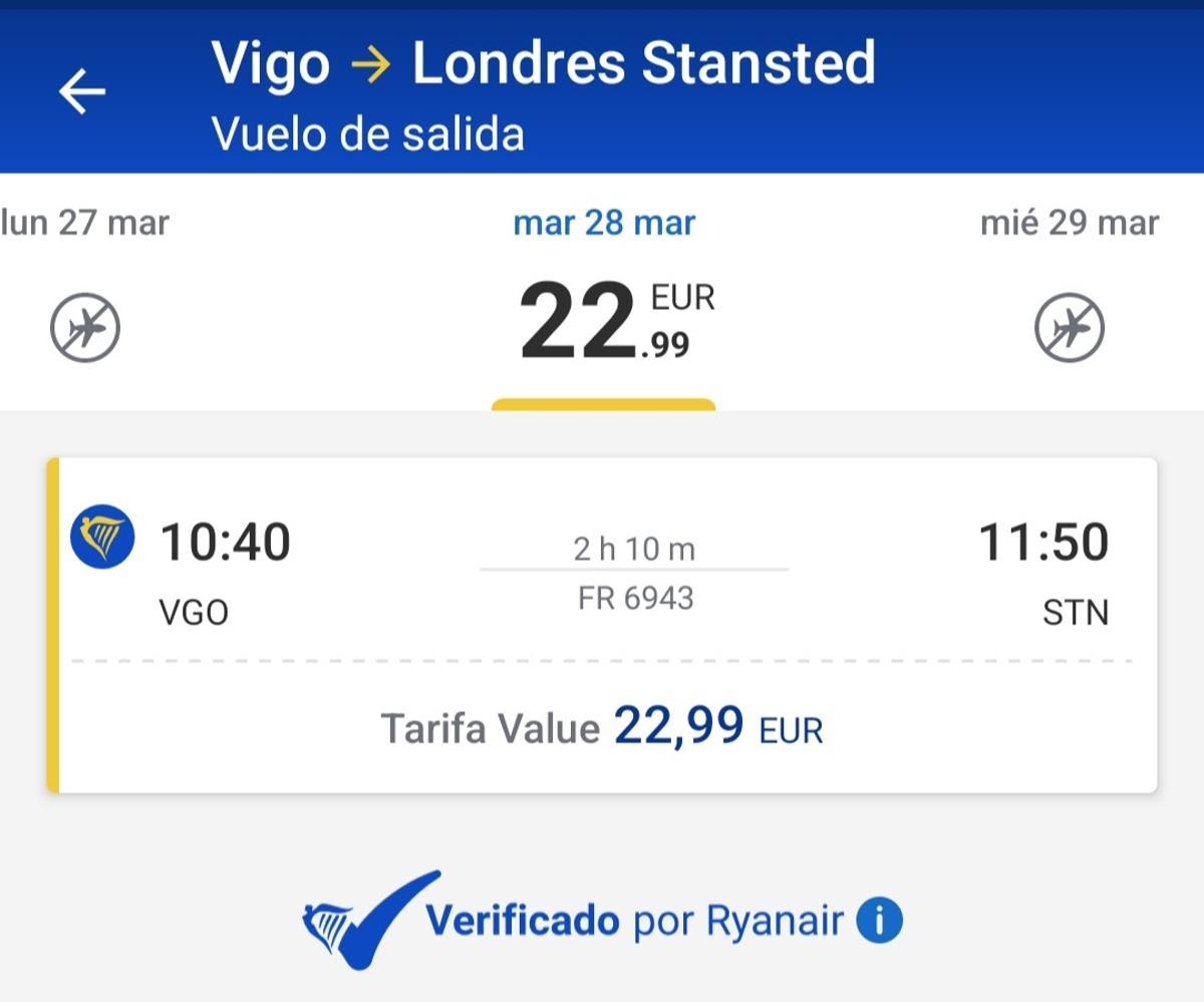 Uno de los vuelos a 22,9 euros por trayecto que ofrece Ryanair entre Vigo y Londres.