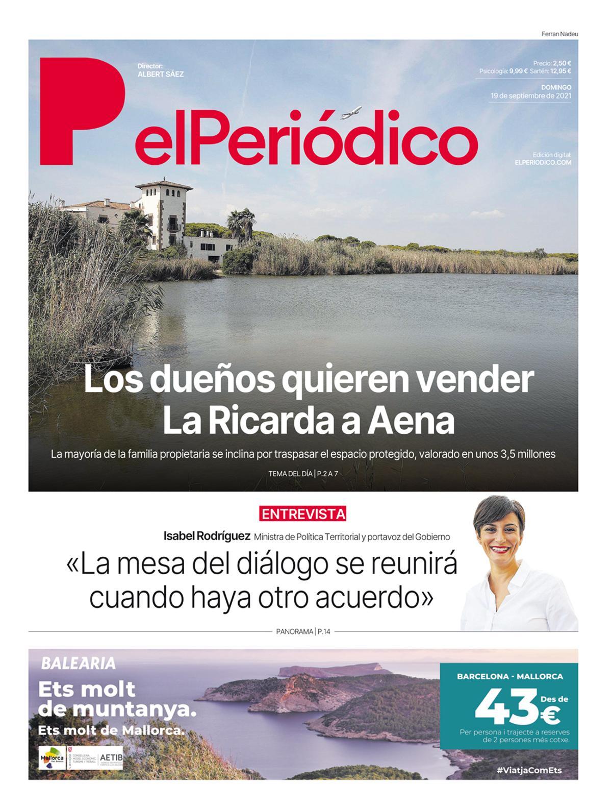 La portada d’EL PERIÓDICO del 19 de setembre del 2021