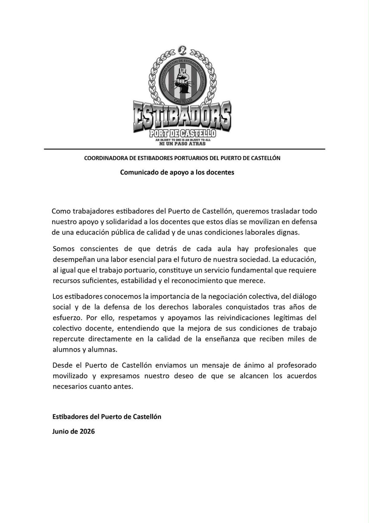El comunicado de los estibadores del Puerto de Castellón.