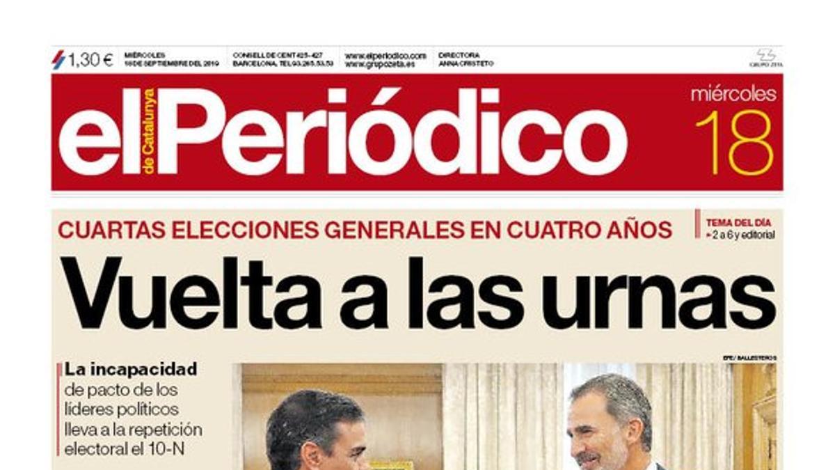 La portada de EL PERIÓDICO del 18 de septiembre del 2019.