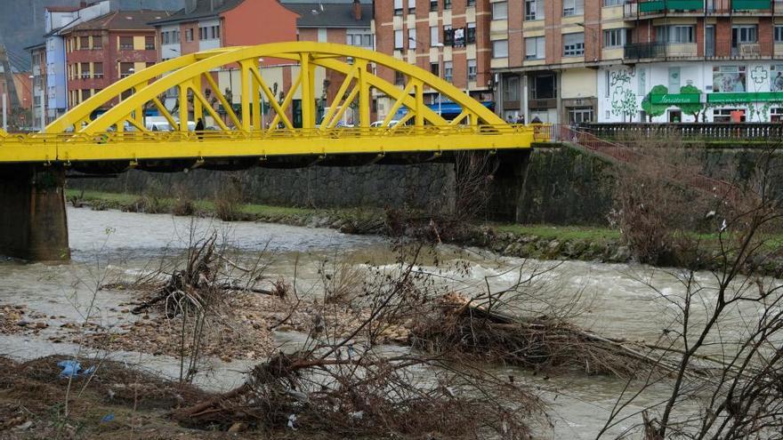 El río Nalón a su paso por El Entrego tras el temporal de enero.