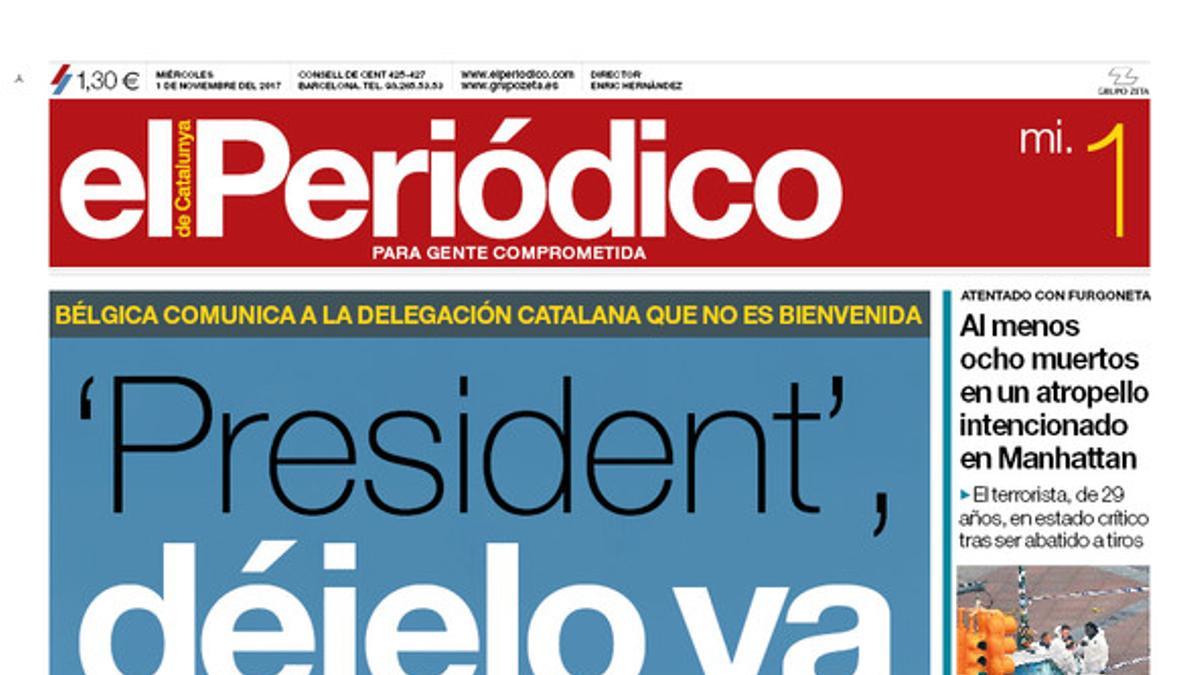 La portada de EL PERIÓDICO del 1 de noviembre del 2017.