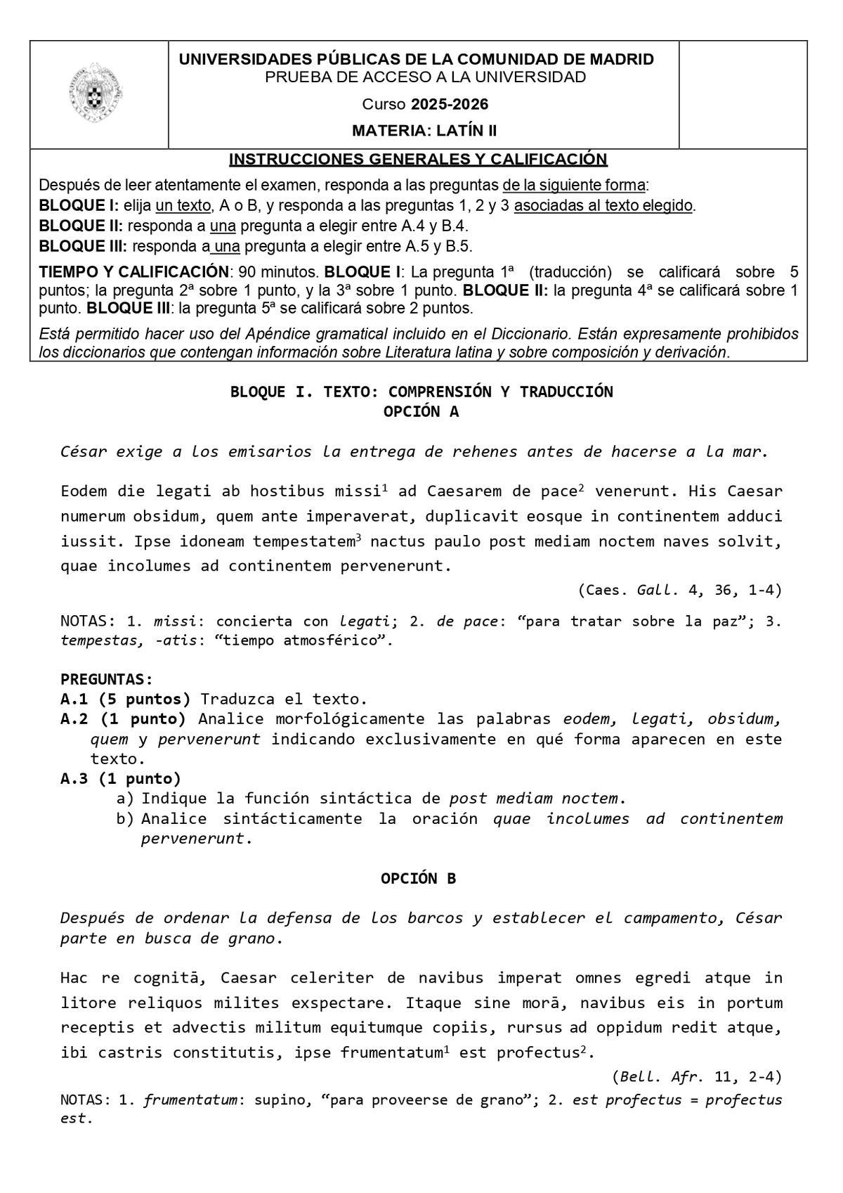 Examen Latín PAU 2026 Madrid