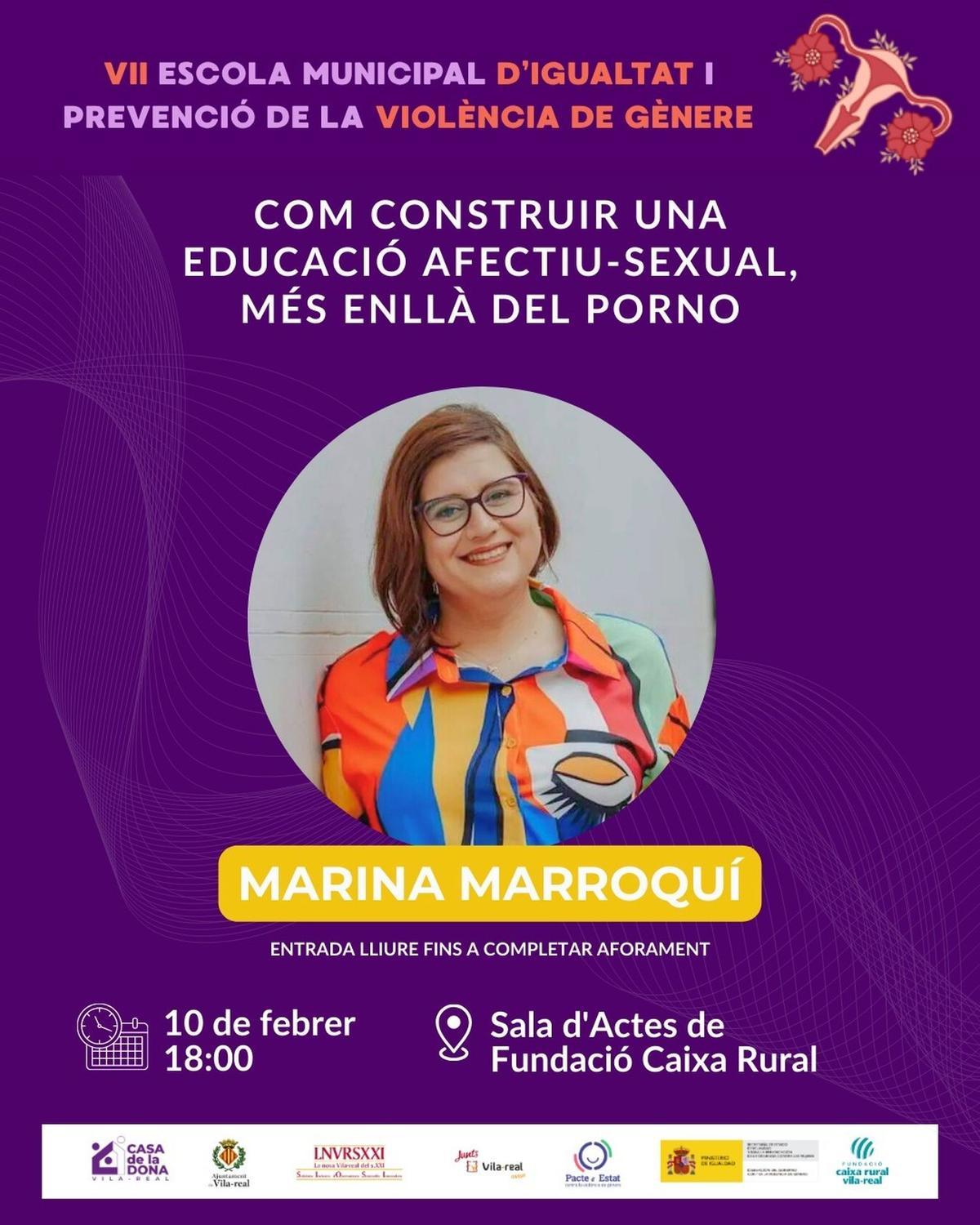Cartell anunciador de la xarrada de Marina Marroquí de la vesprada, a la sala d'actes de la Fundació Caixa Rural Vila-real.