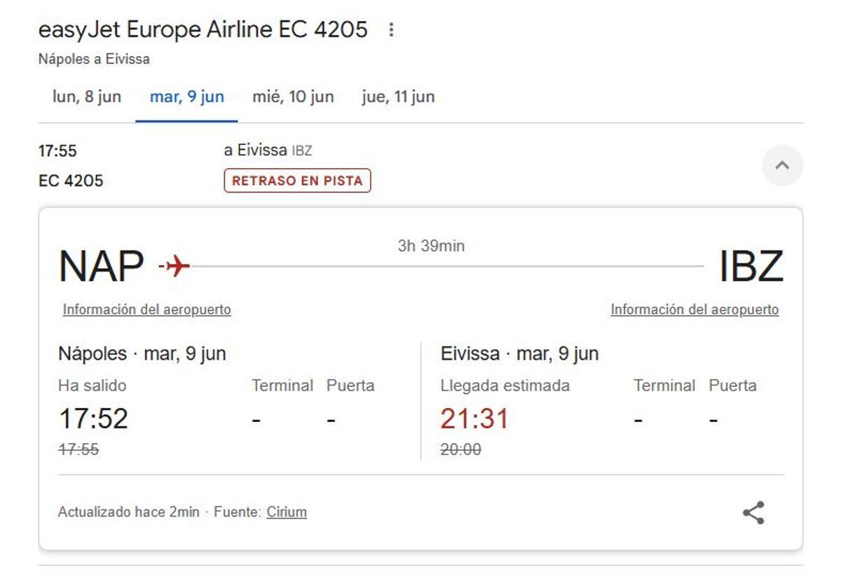 El vuelo retrasado entre Nápoles e Ibiza.