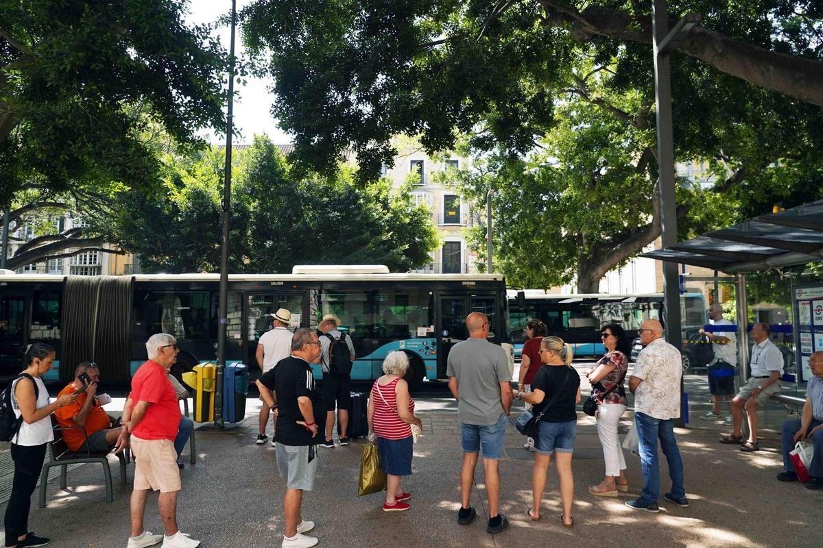Varios pasajeros esperan el autobús en las paradas de la Alameda Principal.