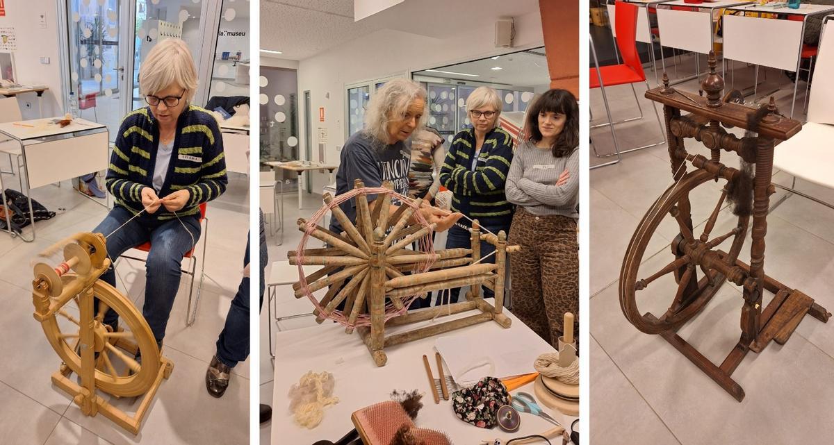 En primer lugar una rueca moderna de estilo tradicional; al lado una charka como la de Ghandi; y la rueca de cien años.