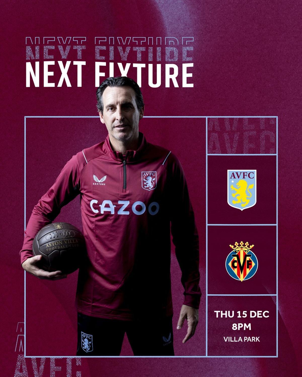 El cartel del Aston Villa-Villarreal, con la hora (20.00) de Inglaterra, una menos que en la península Ibérica.