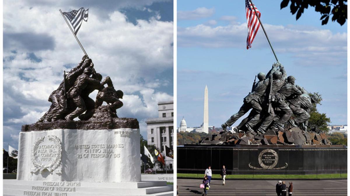A la izquierda, el monumento original de Iwo Jima, en 1945 en Washington, y a la derecha, la réplica mayor que Weldon realizó después y que se puede ver en el cementerio nacional de Arlington.