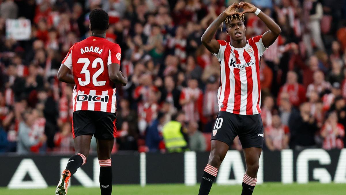 Nico Williams celebra un gol en San Mamés