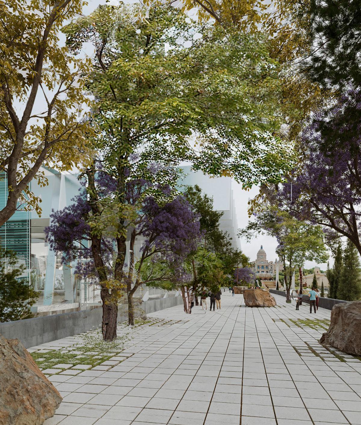 Recreación del nuevo Palau Multifuncional que contará con dos plantas y una pasarela enjardinada que unirá el actual Palau de Congressos y el Palau 4.