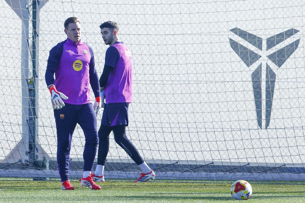 Joan Garcia y Marc André Ter Stegen, durante la sesión de este miércoles en Sant Joan Despí.