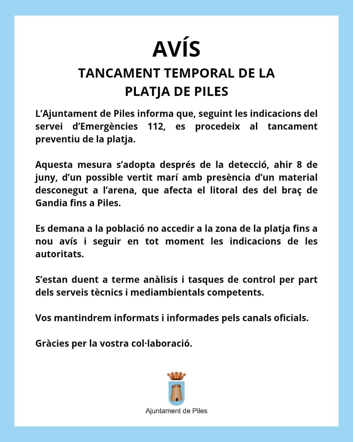 La advertencia emitida por el Ayuntamiento de Piles.