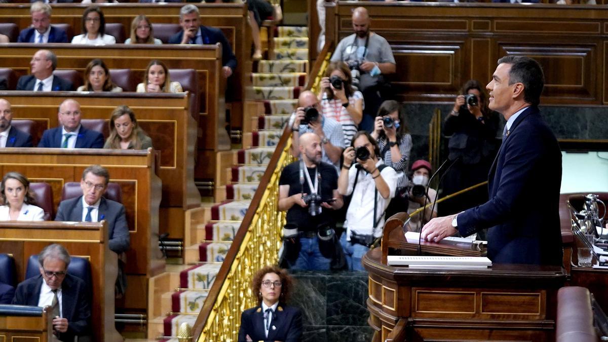 El presidente del Gobierno, Pedro Sánchez, durante su intervención en el debate sobre el estado de la nación, este martes en el Congreso