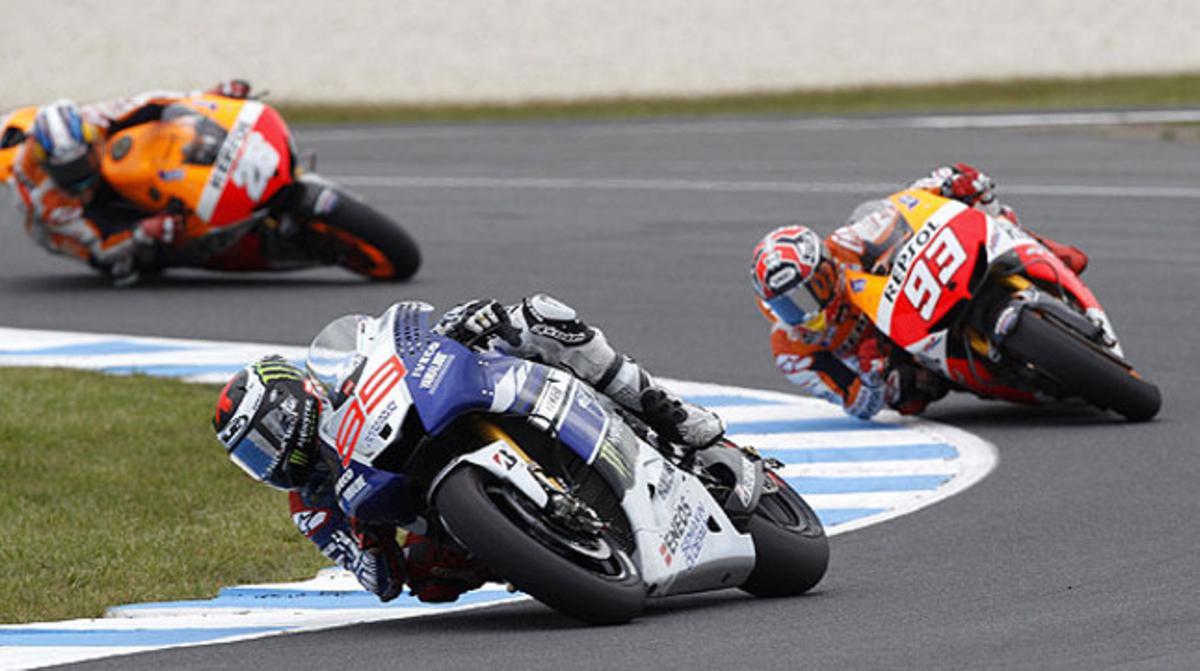 Jorge Lorenzo, Marc Márquez i Dani Pedrosa, en Phillip Island. Jorge Lorenzo, Marc Márquez i Dani Pedrosa, en Phillip Island.