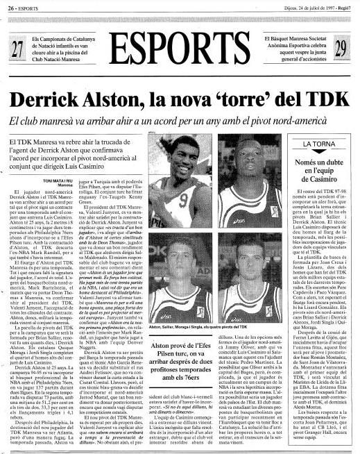 Pàgina de Regió7 del dia que es va fitxar Alston, poc abans del naixement del seu fill, nou company de Valtonen