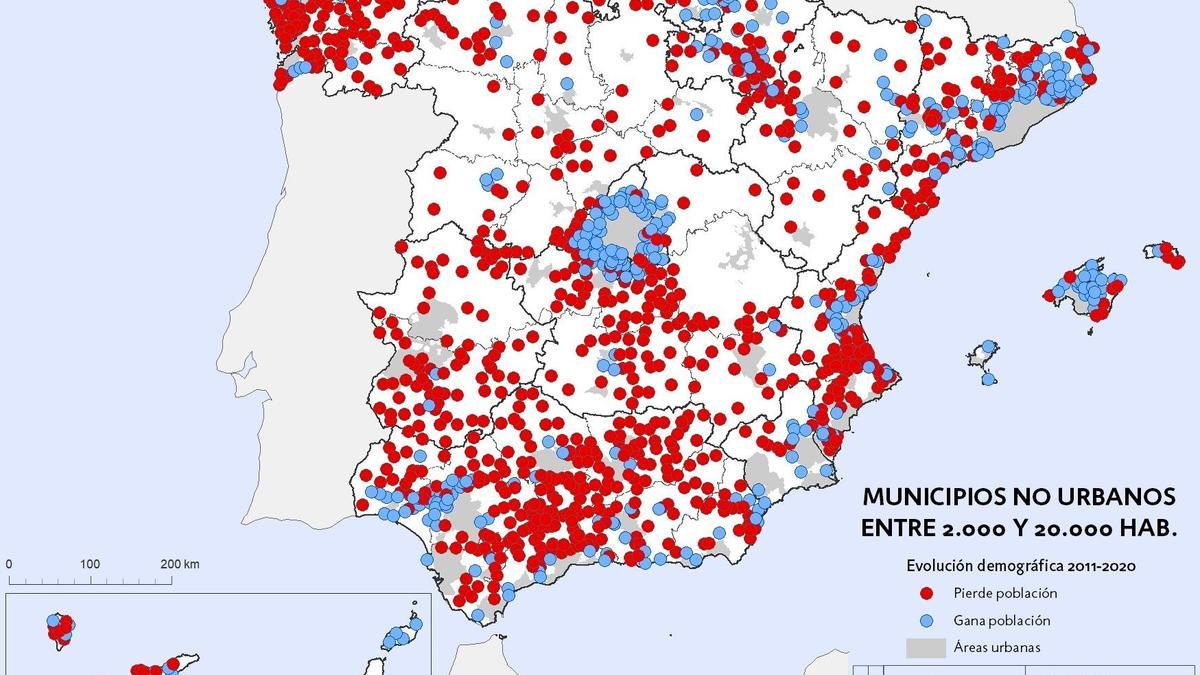 Mapa de municipios no urbanos entre 2.000 y 20.000 habitantes.