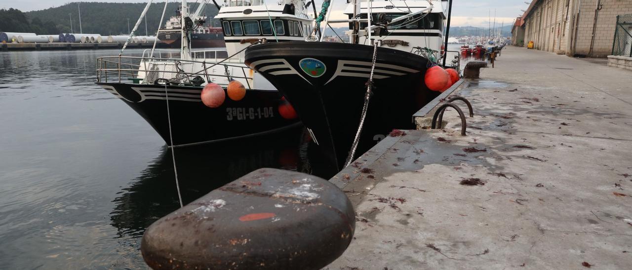 Los barcos  Berriz amatxo&quot; y &quot;Esmeralda Tercero&quot; amarrados en los muelles pesqueros avilesinos tras su llegada el pasado viernes.