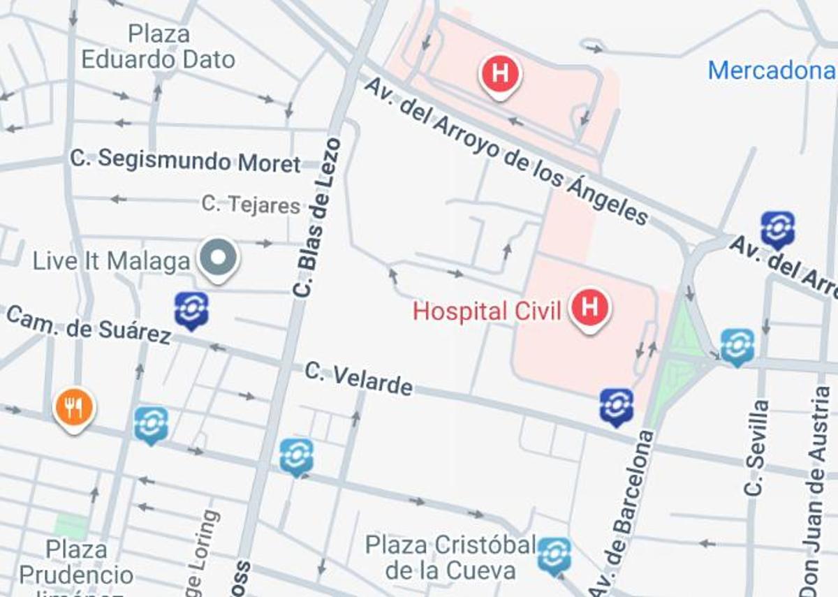 Paradas de la línea 15 de la EMT en la zona afectada. En azul, las de ida (dirección Santa Paula); y en celeste las de vuelta (dirección a Virreina)