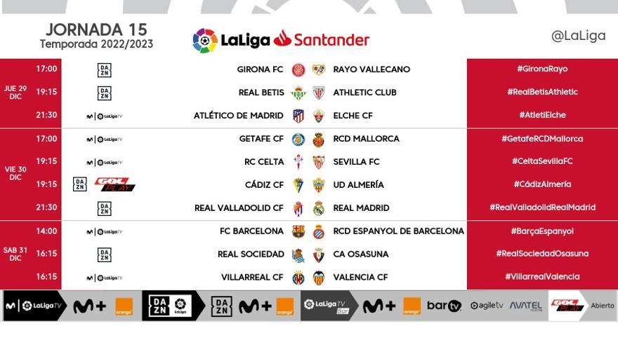 Horarios de la jornada 15 de LaLiga