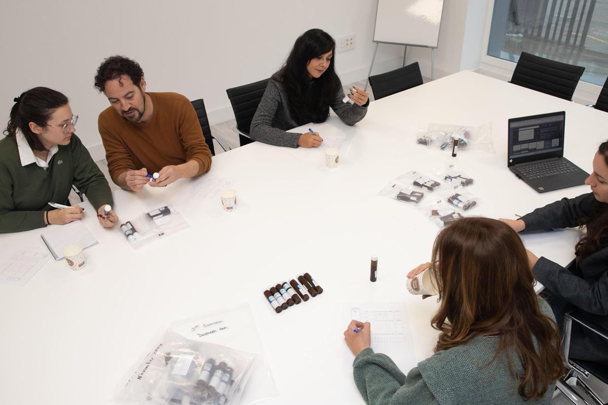 Integrantes del equipo de Trending Corporate realizando un test de muestras para un producto capilar, en su sede central en el Polígono PIBO (Bollullos de la Mitación).