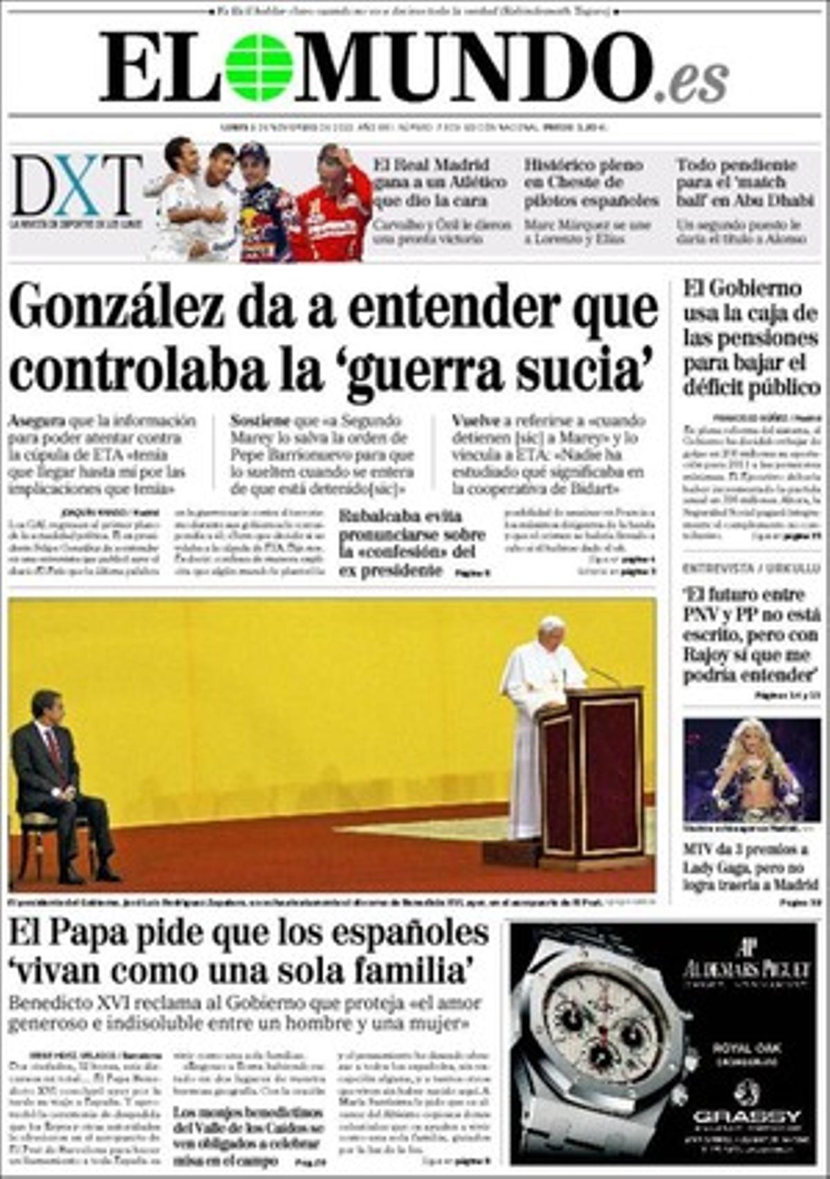 A les pàgines interiors ’El Mundo’ informa que els benedictins del Valle de los Caídos protesten amb una missa al ras per la restricció d’accés a la basílica; i que Santander i BBVA fugen de la ’marca Espanya’.