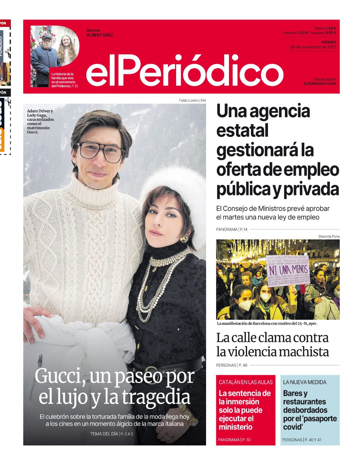 La portada de EL PERIÓDICO del 26 de noviembre de 2021