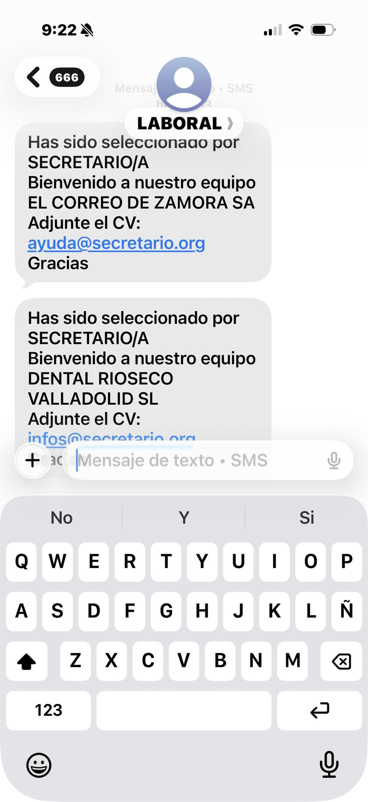 SMS recibido por una persona que se ha inscrito a la falsa oferta de trabajo.