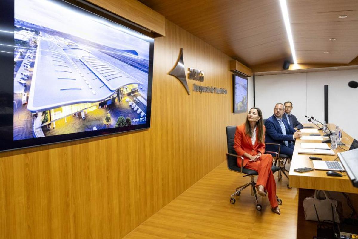 Un momento de la rueda de prensa ofrecida este jueves 30 de julio por Aena sobre la nueva terminal del aeropuerto Tenerife Sur.