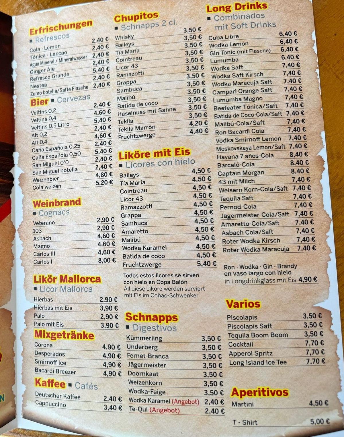 Parte del menú de bebidas de Bamboleo.