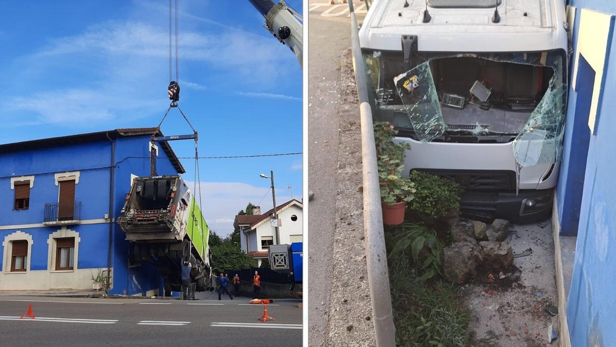 Susto en Colloto con un camión de la basura que acabó empotrado en las escaleras de una casa: "Pensamos que era un terremoto"