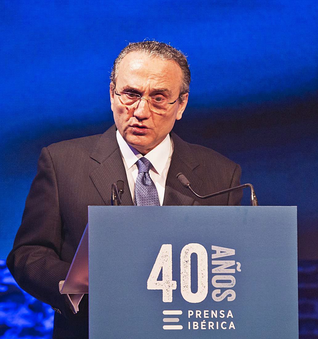 Javier Moll, durante su discurso en el acto conmemorativo del 40 aniversario de Prensa Ibérica, en 2018.