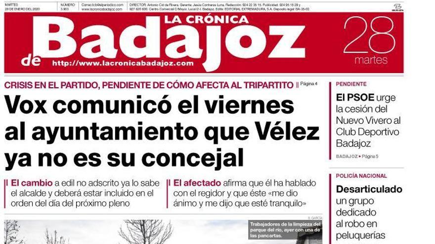 Esta es la portada de LA CRÓNICA DE BADAJOZ correspondiente al día 28 de enero del 2020