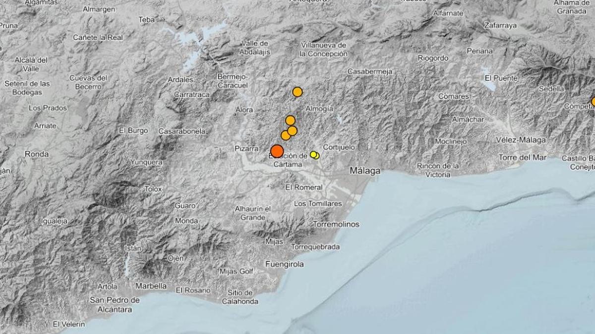 Mapa donde están marcados los terremotos registrados desde anoche en la provincia de Málaga.