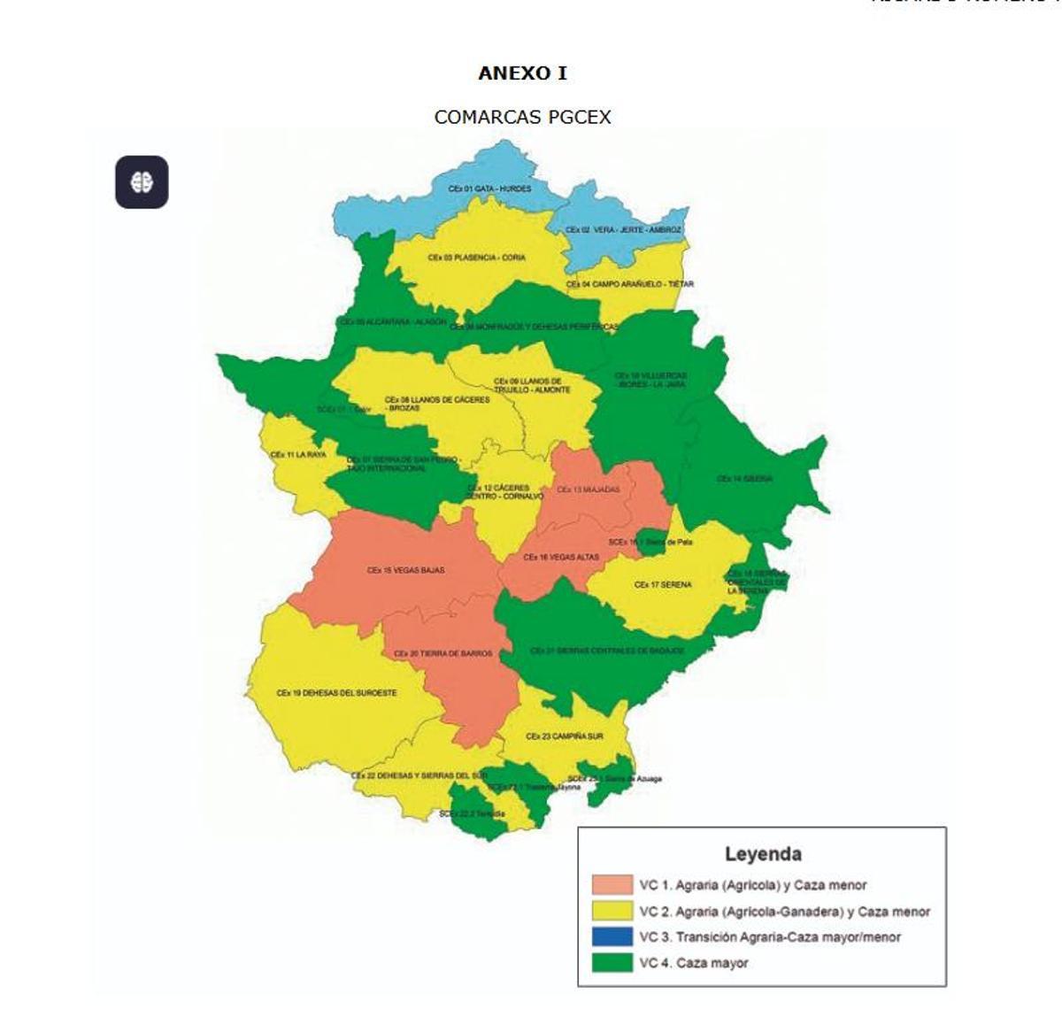 Mapa de comarcas cinegéticas en Extremadura.