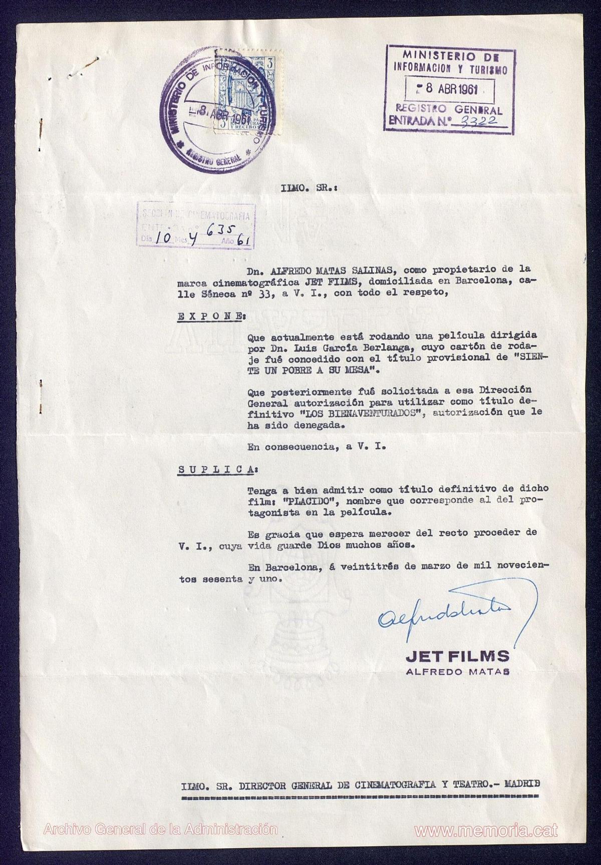 El productor, Alfred Matas, exposa que un cop denegat el títol de «Los Bienaventurados», ‘suplica’ que s’admeti com a títol definitiu «Plácido», el nom del protagonista (23 de març del 1961)