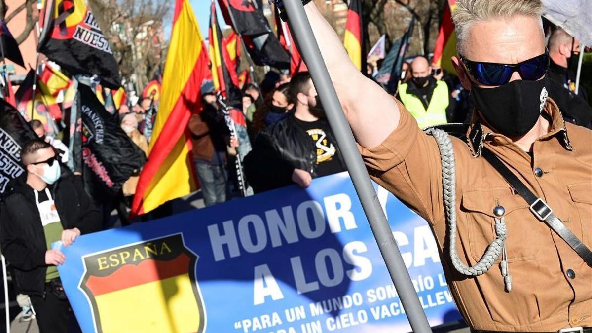 Marcha neonazi en homenaje a los caídos de la División Azul en Madrid, el pasado 13 de febrero del 2021.