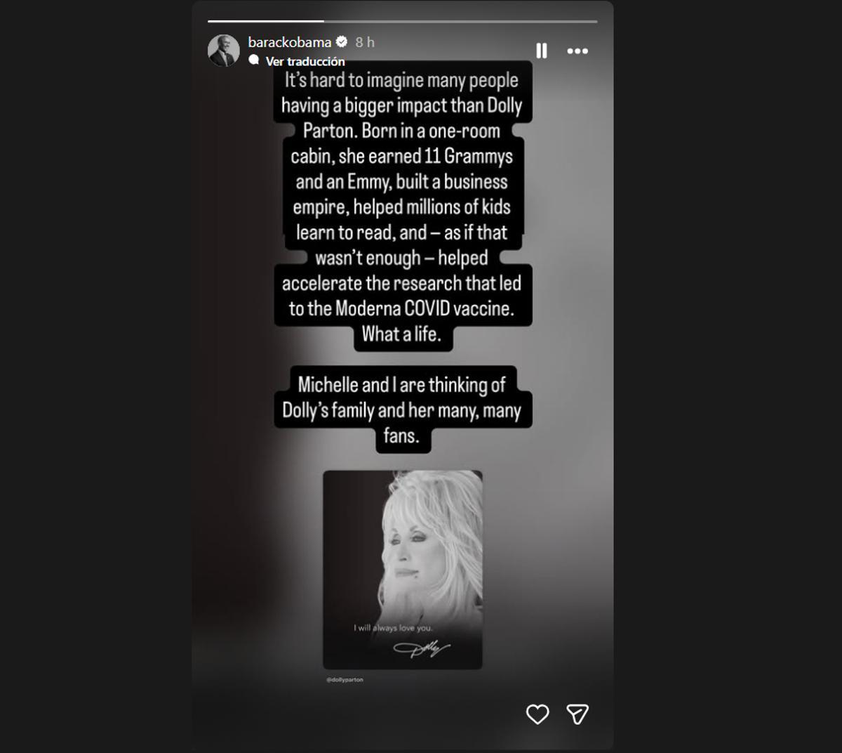 Obama ha honrado la figura y legado de Dolly Parton en sus redes sociales.