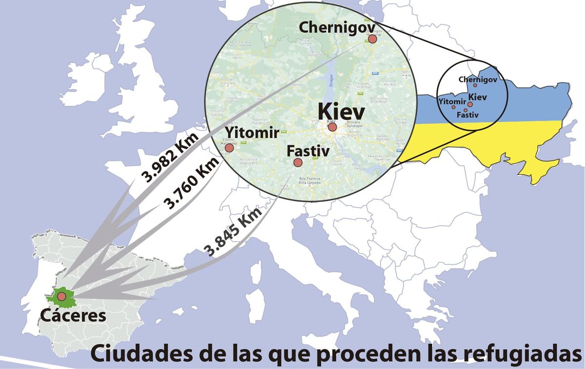 Ciudades de procedencia de las refugiadas y distancia con Cáceres.