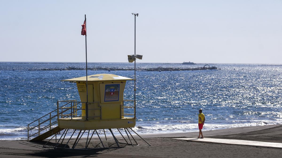 Bandera roja en la playa de Melenara y, al fondo, jaulas marinas de la empresa Aquanaria