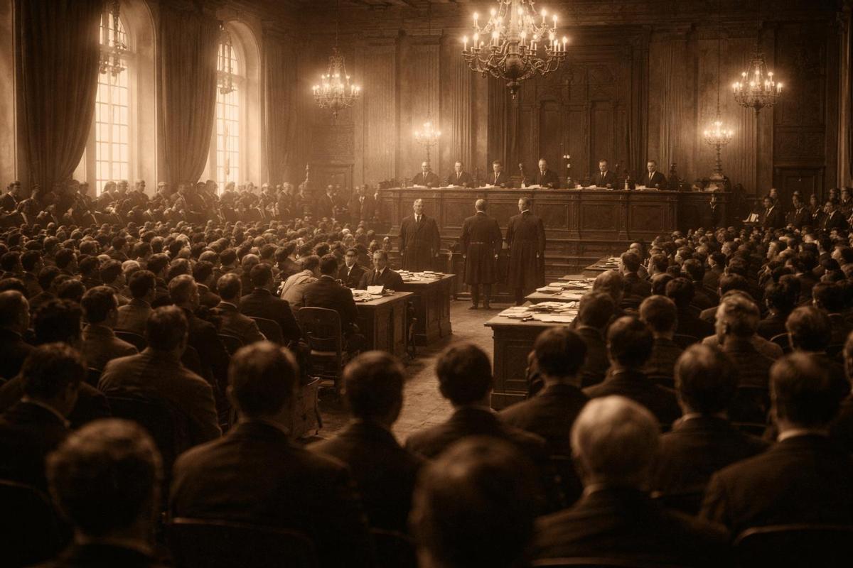 Juicio histórico en una sala de tribunal.